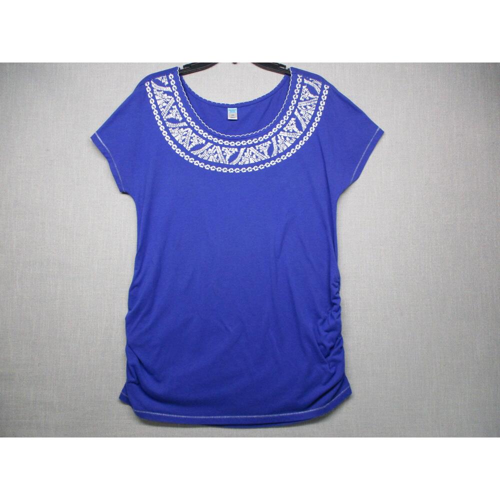 Old Navy Blue Embroidered Ruched BOHO Casual Classic TShirt Top Women Size Large